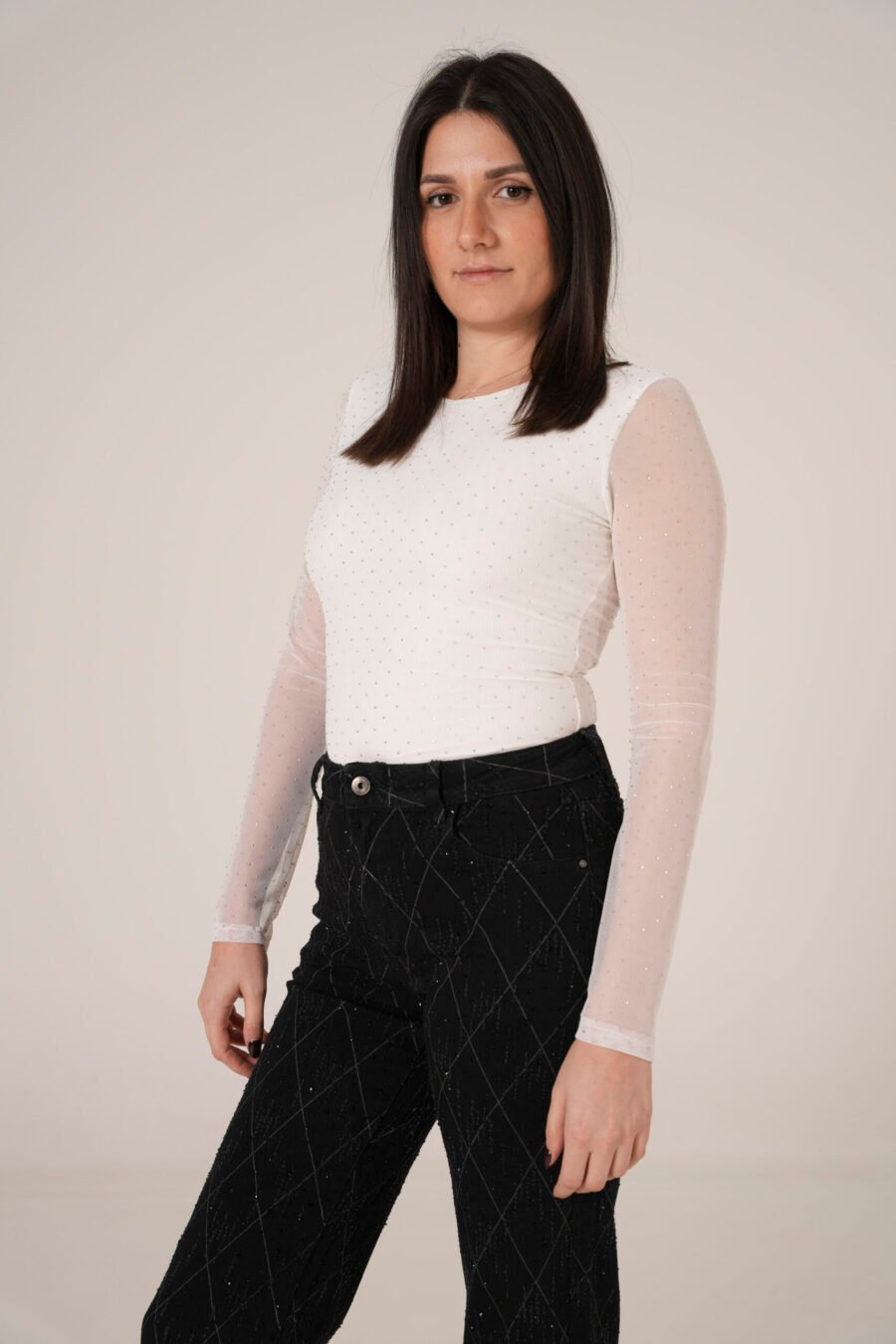 Body Bianco con Maniche in Tulle e Micro Strass
